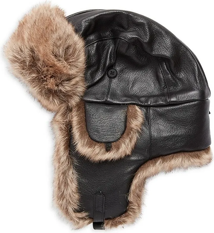 Faux Fur-Trim Leather Trapper Hat
