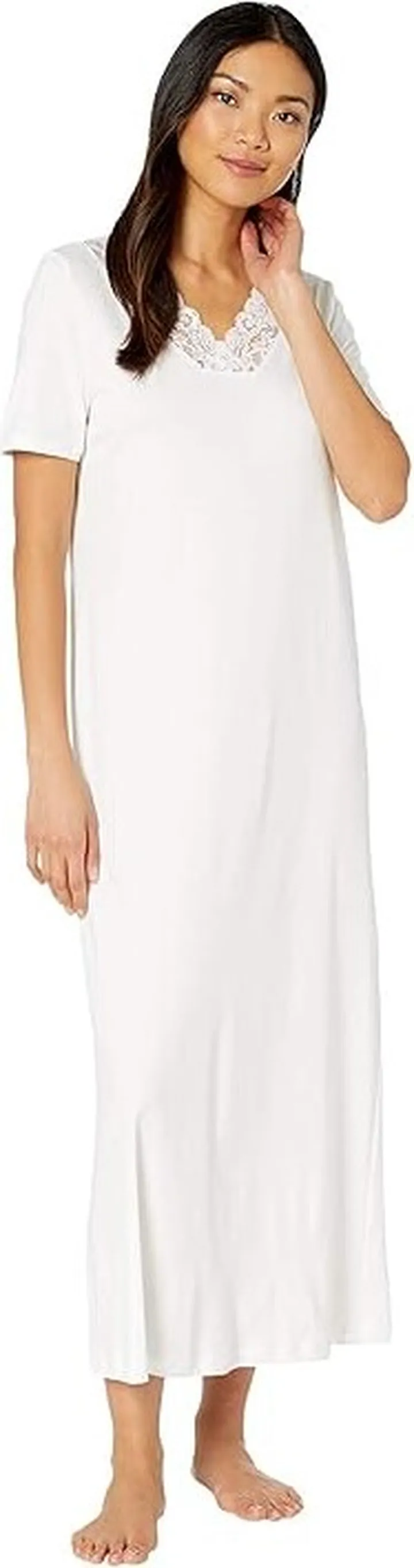 Hanro Moments Short Sleeve Long Gown (White) Women's Clothing