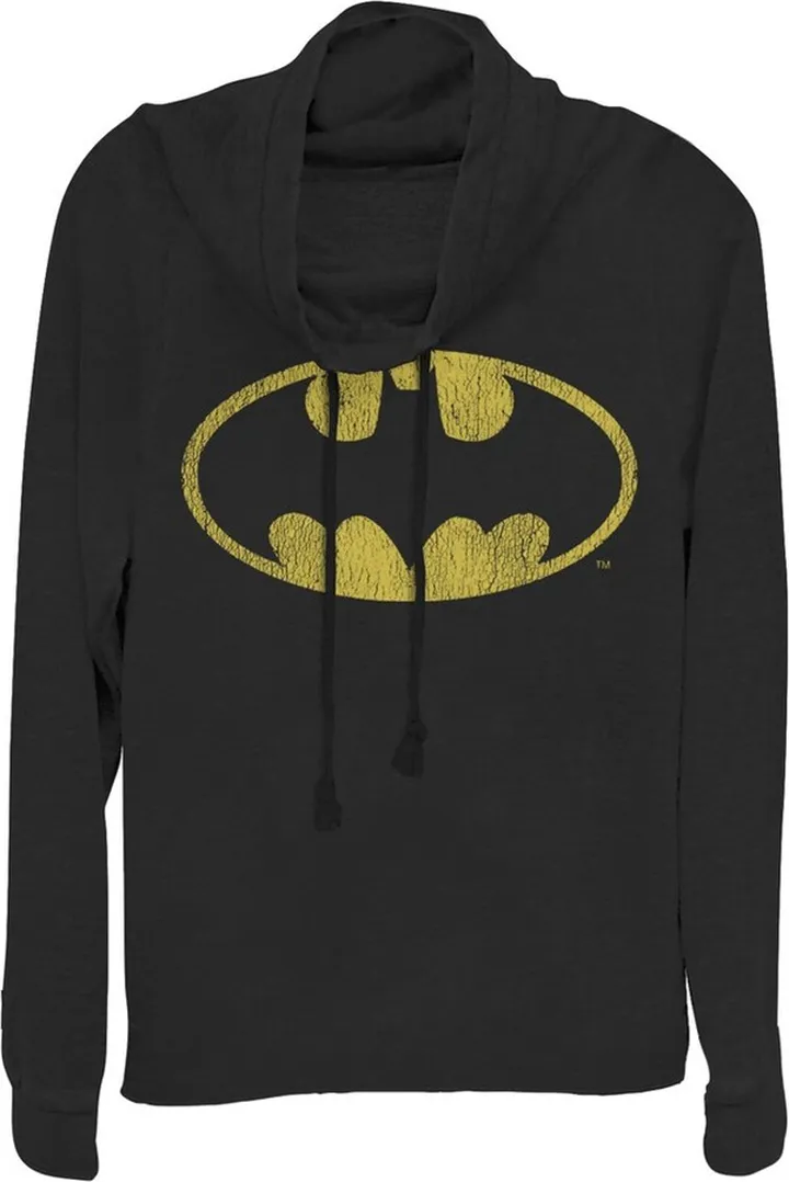 Junior's Batman Logo Retro Caped Crusader Cowl Neck Sweatshirt - Black - X Small