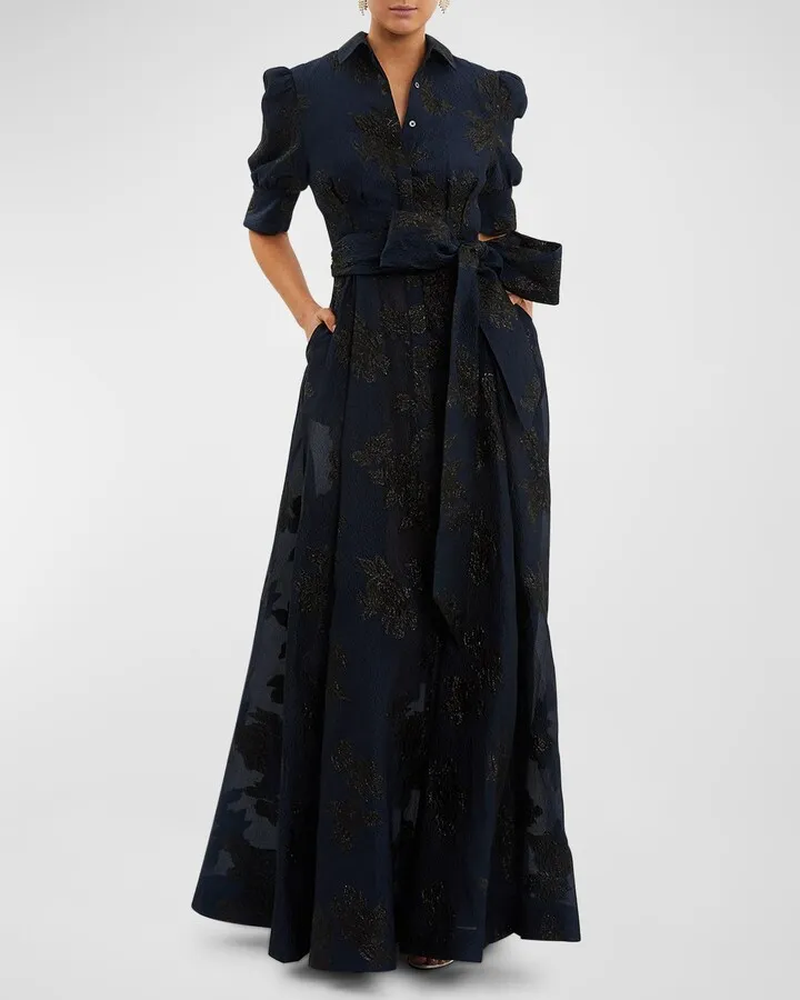 Antoinette Puff-Sleeve Jacquard Shirt Gown