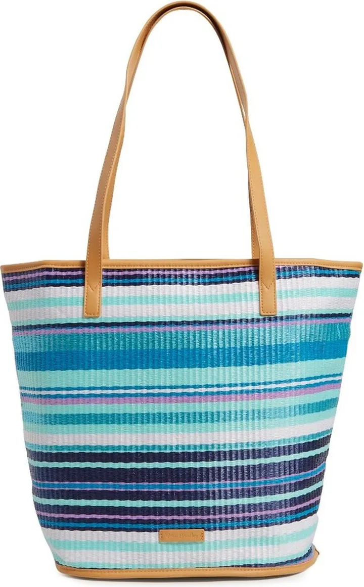 Vera Bradley Women's Straw Straw Bucket Tote Bag Spring Mint Stripe