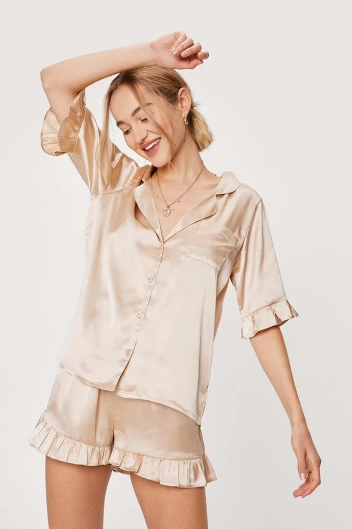 Nasty Gal Womens Satin Ruffle Pajama Shirt and Shorts Set