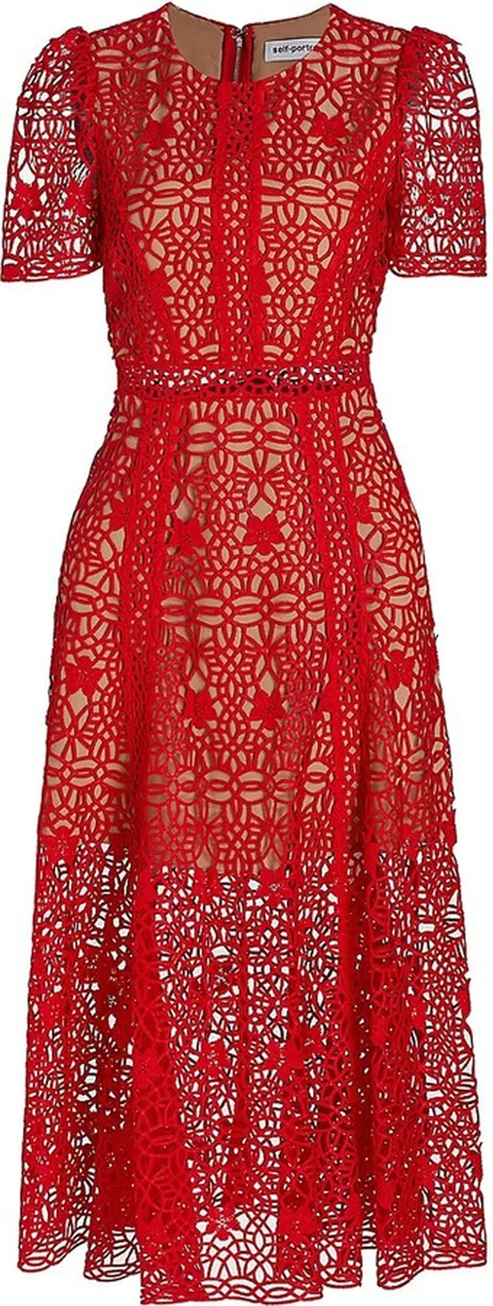 Guipure Lace Short-Sleeve Midi-Dress