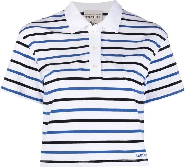 Stripe-Pattern Cropped Polo Top
