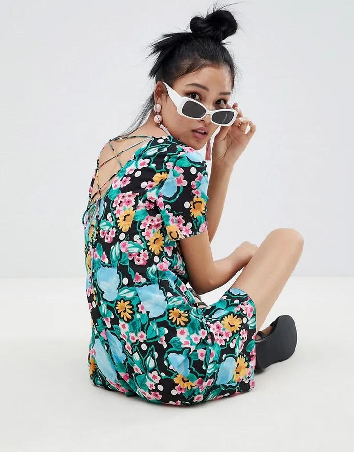 ASOS Button Through Tea mini dress in Spot and Floral Print