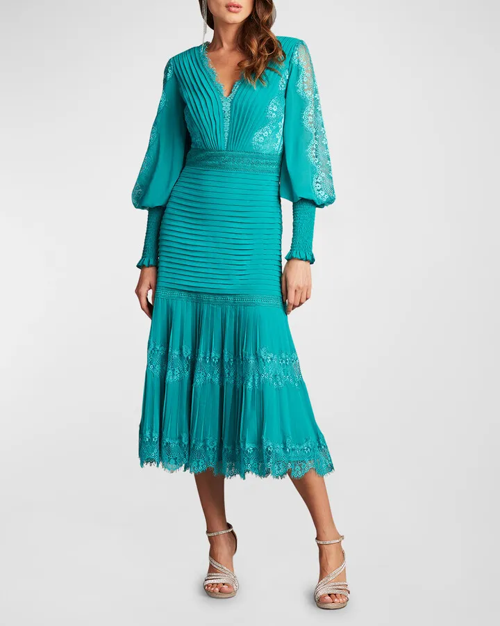 Pleated Chiffon & Lace Bishop-Sleeve Dress