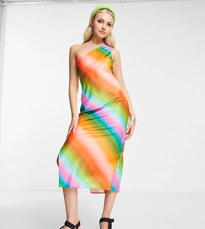 COLLUSION one shoulder ombre printed maxi slip dress in multi