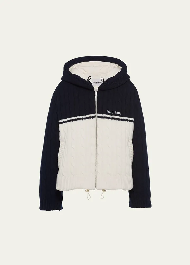 Bicolor Puffer Hooded Wool Jacket