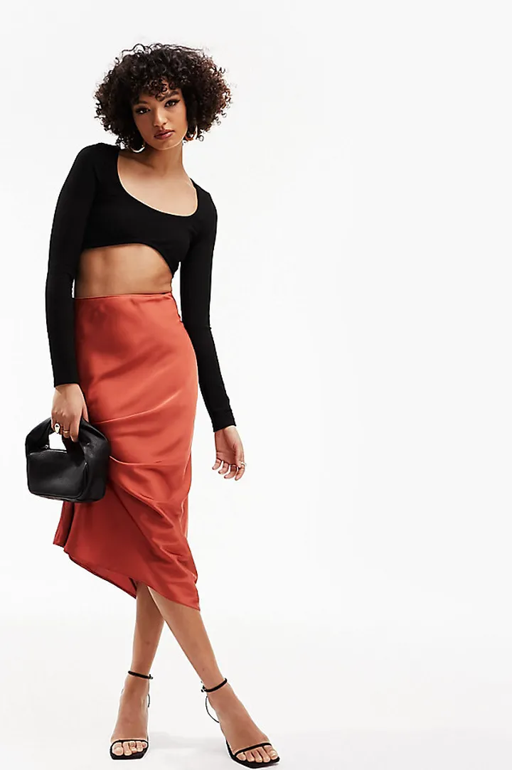ASOS DESIGN Tall satin bias midi skirt in cinnabar
