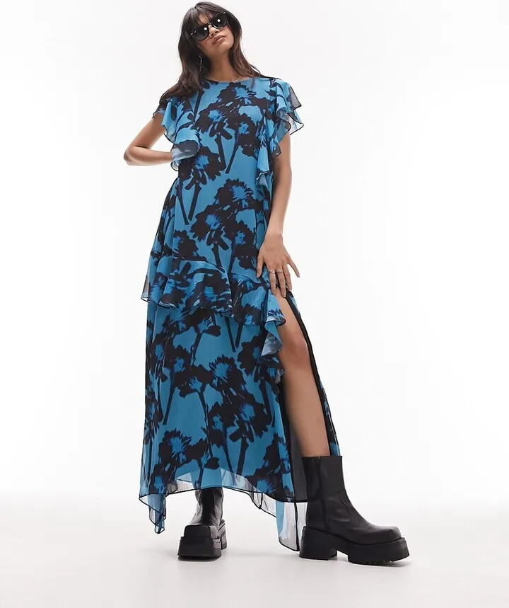 Topshop ruffle chuck on midi dress in floral print