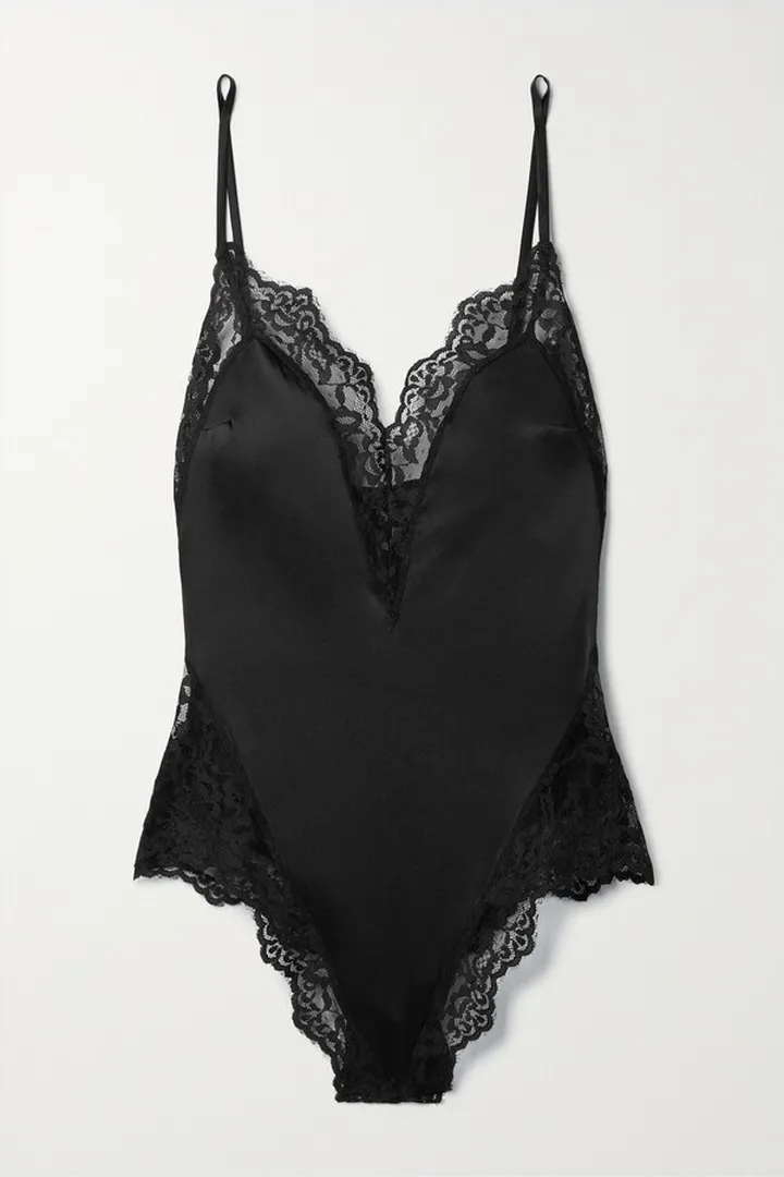 Fleur du Mal - Venus Lace-trimmed Silk-blend Satin Thong Bodysuit - Black