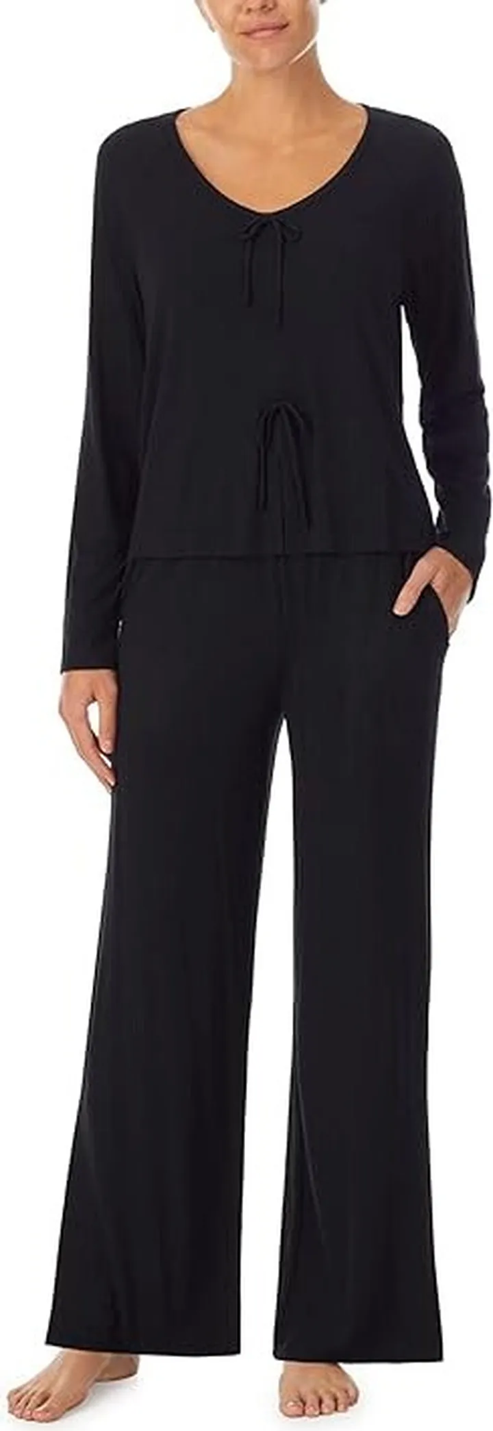 Sanctuary Faux Tie Long Sleeve Top and Side Slit Pants (Black) Women's Pajama Sets