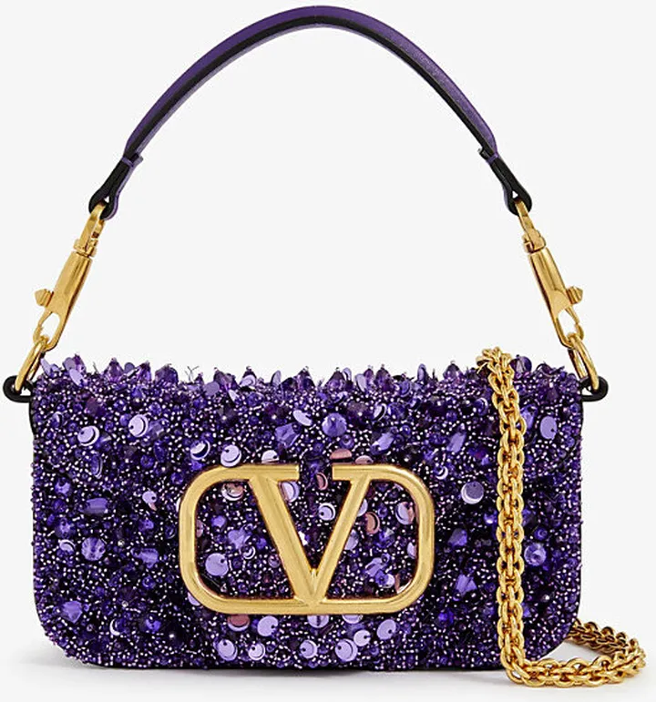 Womens Astral Purple Vlogo Small Sequinned Leather Shoulder bag