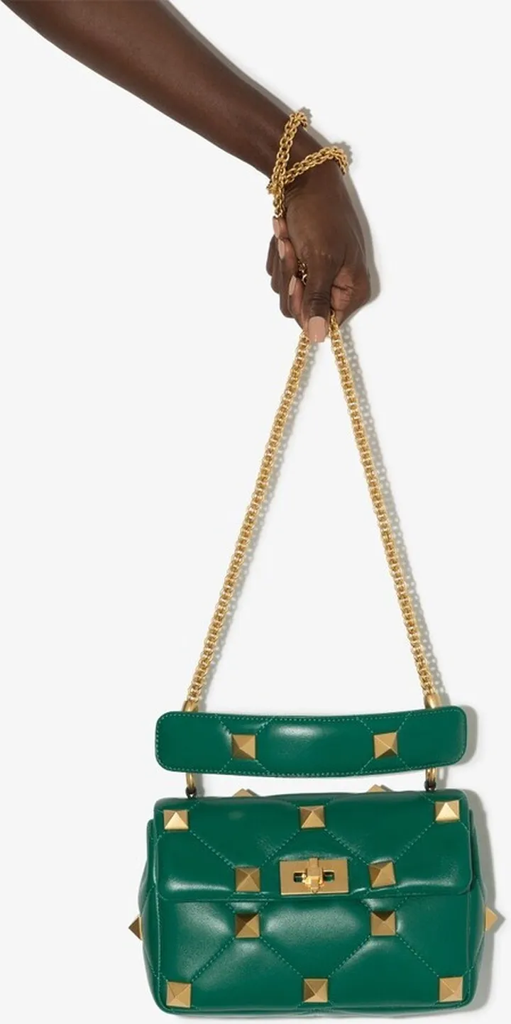 Green Roman Stud Medium Leather Shoulder Bag