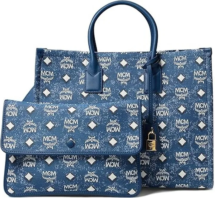 MCM Munchen Vintage Monogram Fabric Tote Large Leather (Denim) Handbags