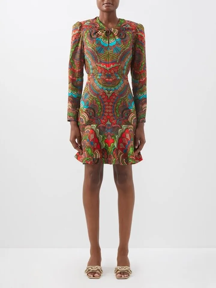 Claudia Flared-hem Printed-silk Dress