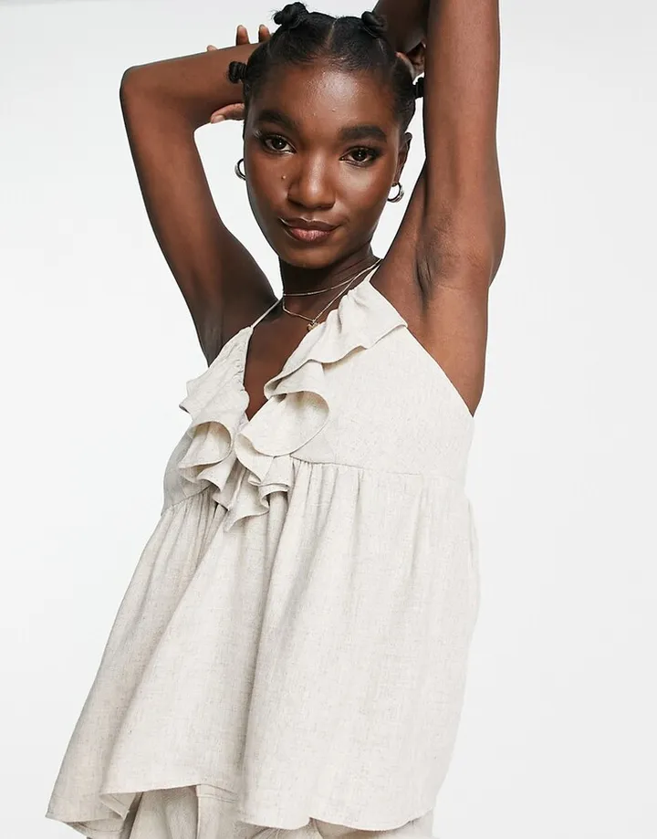 ASOS DESIGN ruffle front cami in natural linen