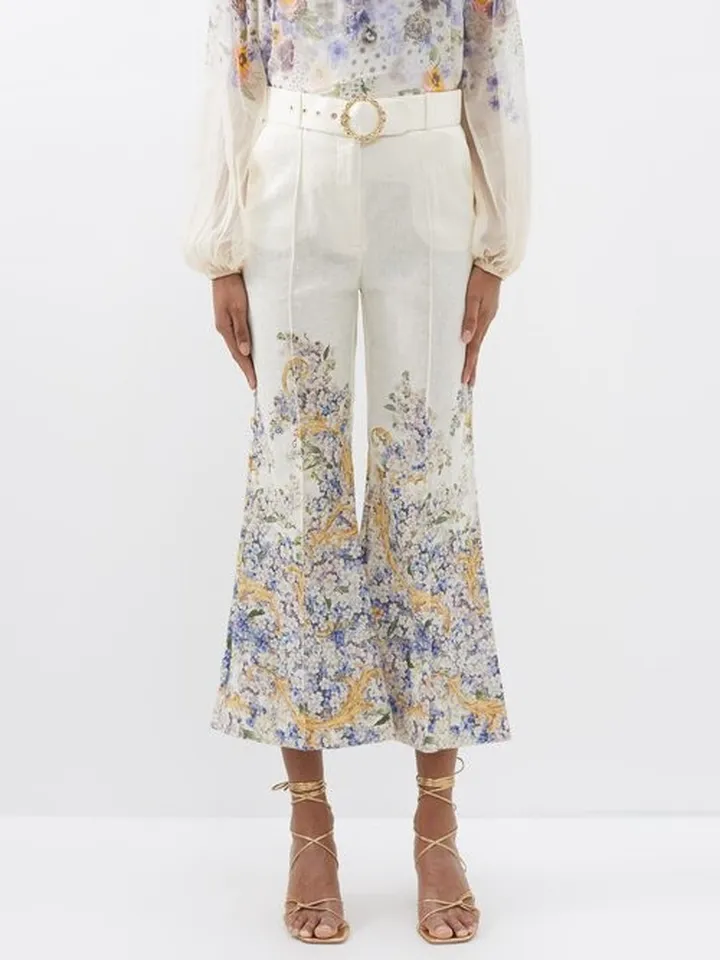 Tama Floral Flared-leg Linen Cropped Trousers