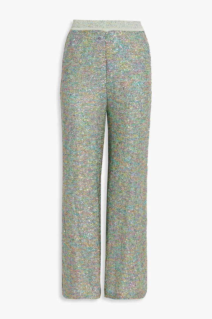 Sequin-embellished crochet-knit silk-blend wide-leg pants