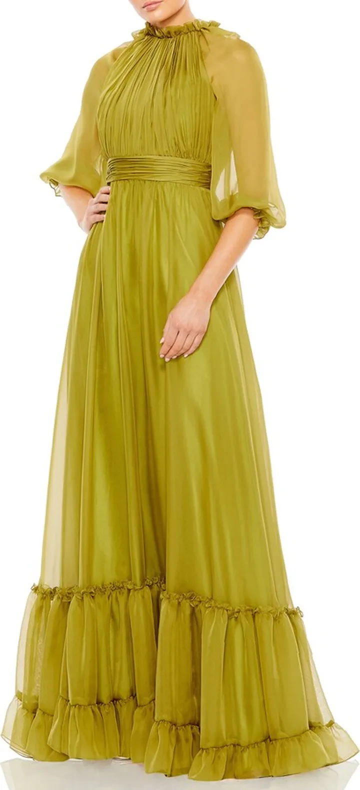 Sheer Sleeve Gathered Chiffon A-Line Gown