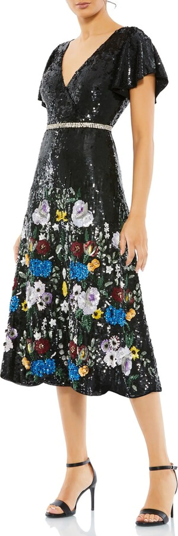 Floral Sequin Wrap Front Cocktail Dress