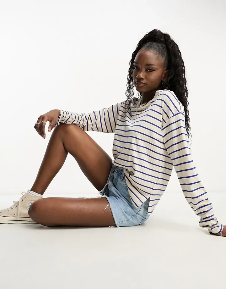 Monki long sleeve t-shirt in beige with blue stripe