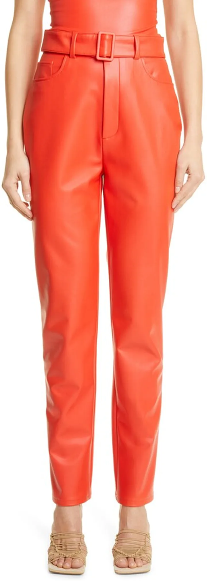 Faux Leather High Waist Belted Pants