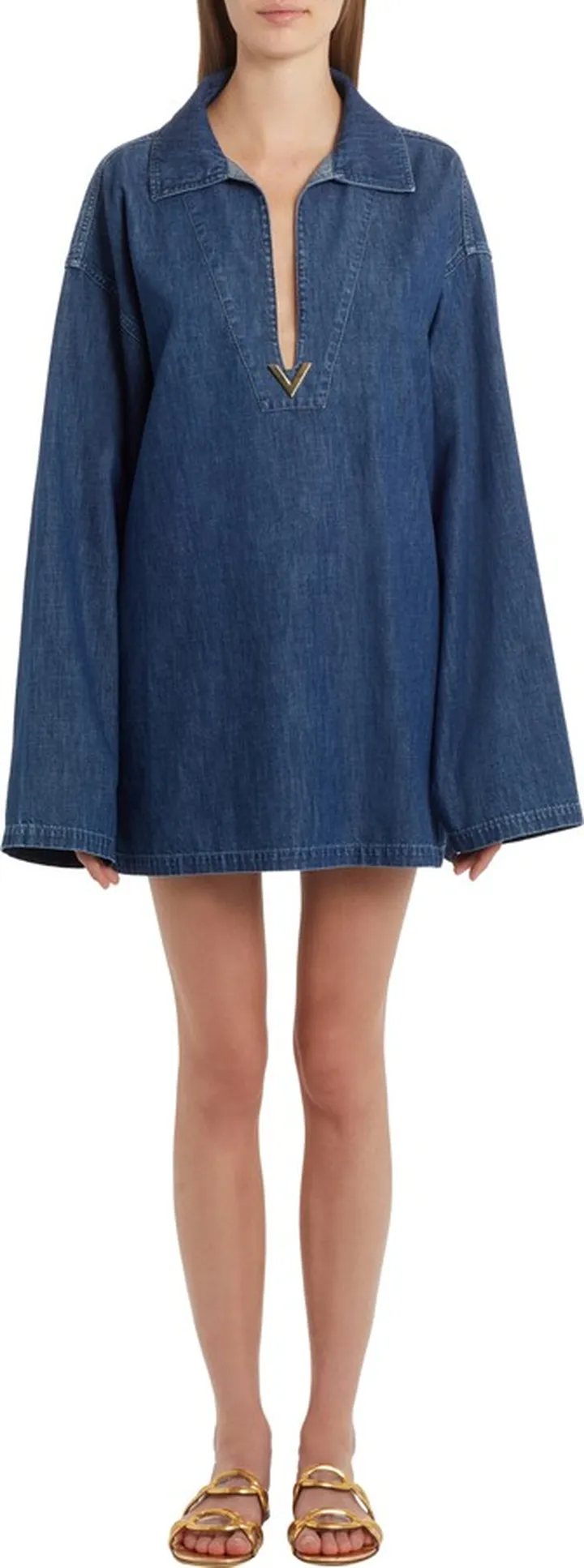 Plunge Neck Long Sleeve Denim Tunic