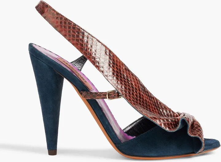 Snake-effect leather and suede slingback sandals