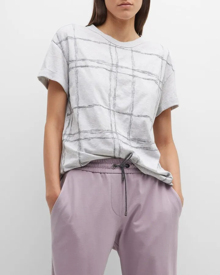 Brushed Stroke Check Cotton Jersey T-Shirt