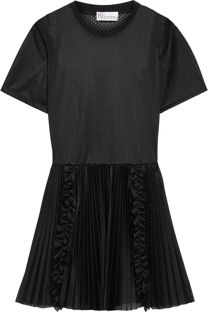 Ruffle-trimmed pleated mesh mini dress