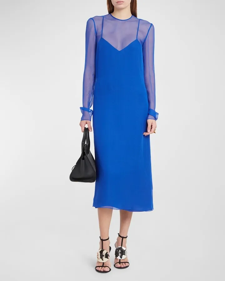 Long-Sleeve Silk Mousseline Midi Dress