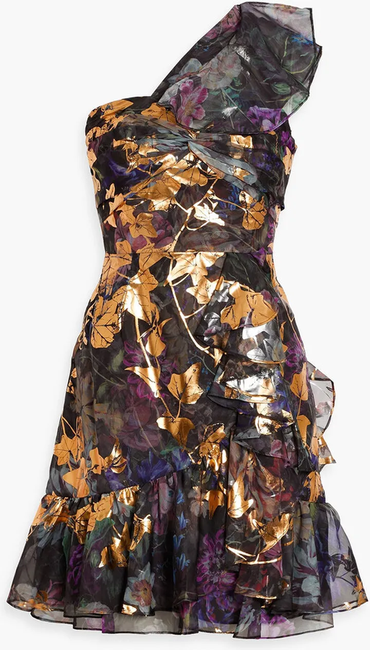 One-shoulder ruched metallic floral-print mini dress