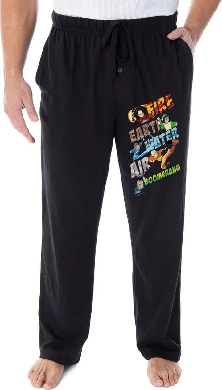 Avatar The Last Airbender Men's Air Fire Earth Water Boomerang Pajama Pants (2X) Black