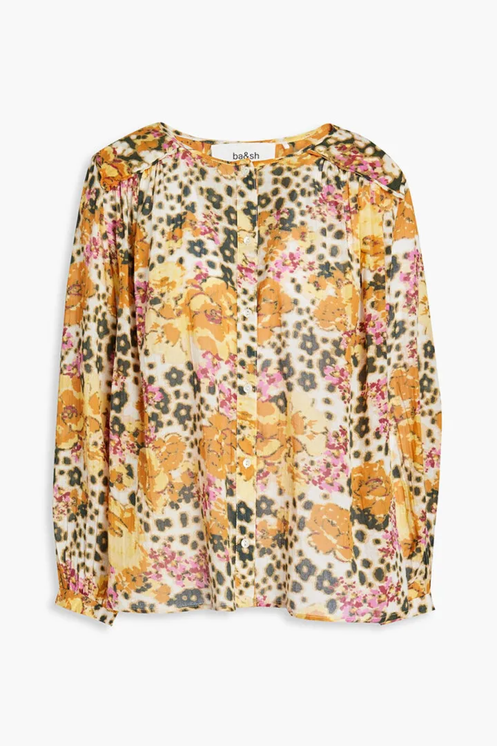Gathered floral-print cotton-voile shirt