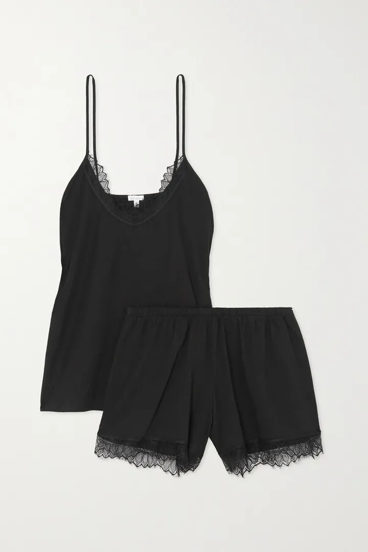 Skin - Lace-trimmed Organic Pima Cotton Pajama Set - Black
