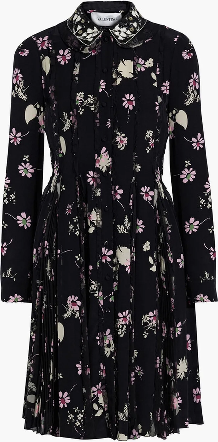 Pleated appliquéd floral-print silk crepe de chine dress