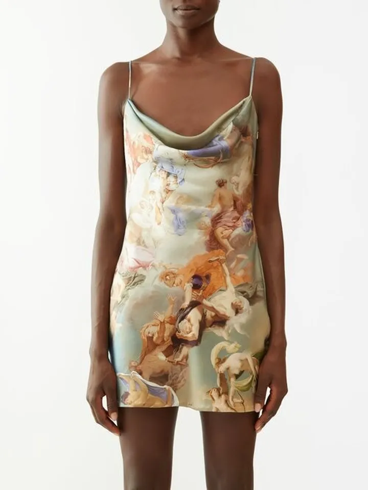 Renaissance-print Cowl-neck Satin Mini Dress