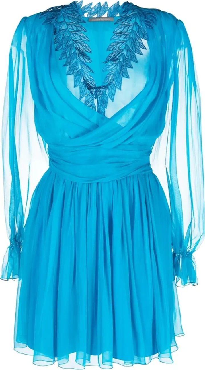 Appliqué-Detail Long-Sleeve Silk Dress
