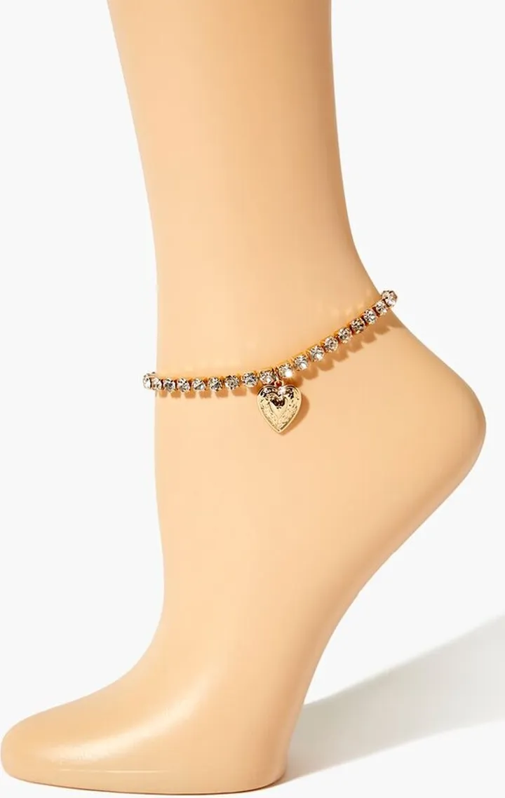 Rhinestone Heart Charm Anklet