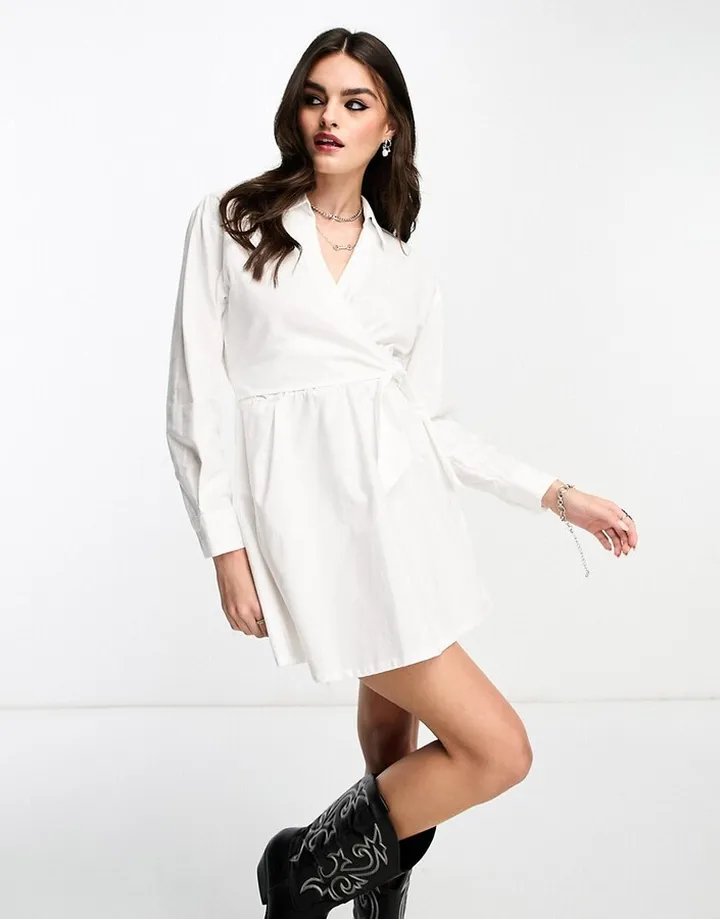 Bershka tie side mini shirt dress in white