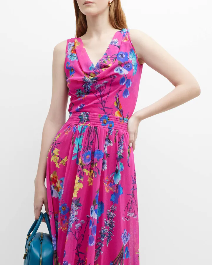 Sleeveless Cowl-Neck Floral-Print Blouse