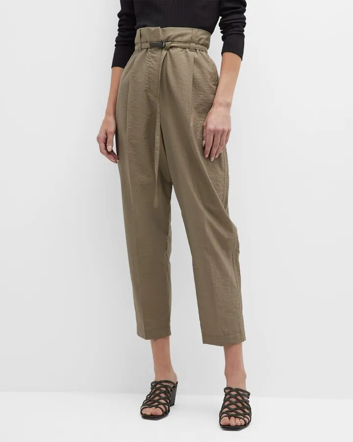 Monili Belted Tapered-Leg Ankle Paperbag Pants