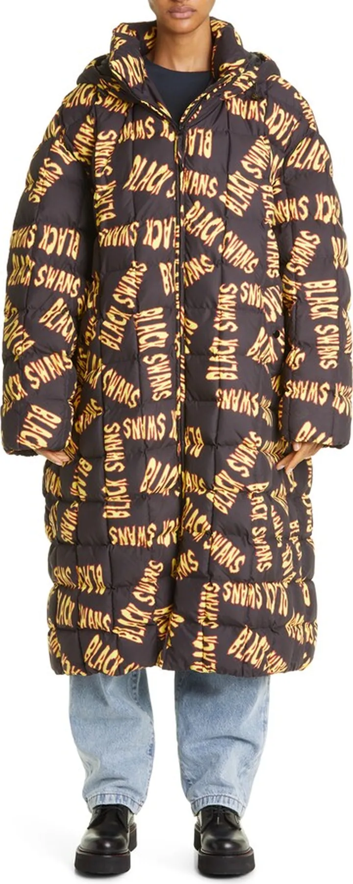 Gender Inclusive Black Swans Print Quilted Puffer Coat