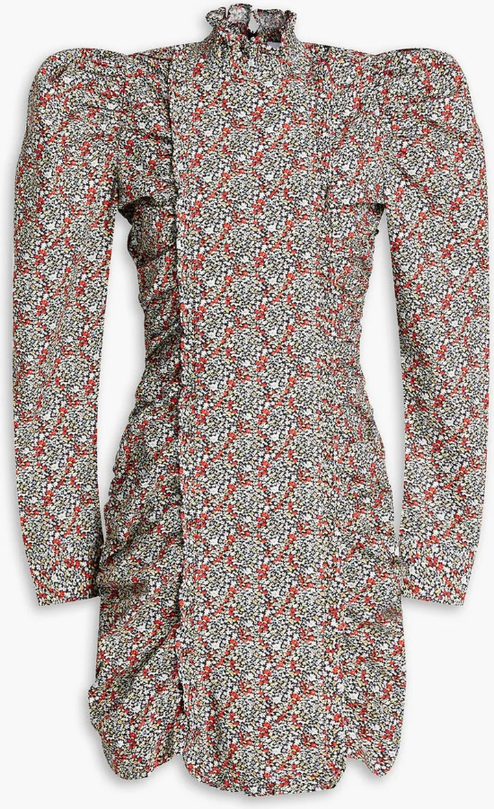 Ruched floral-print cotton mini dress