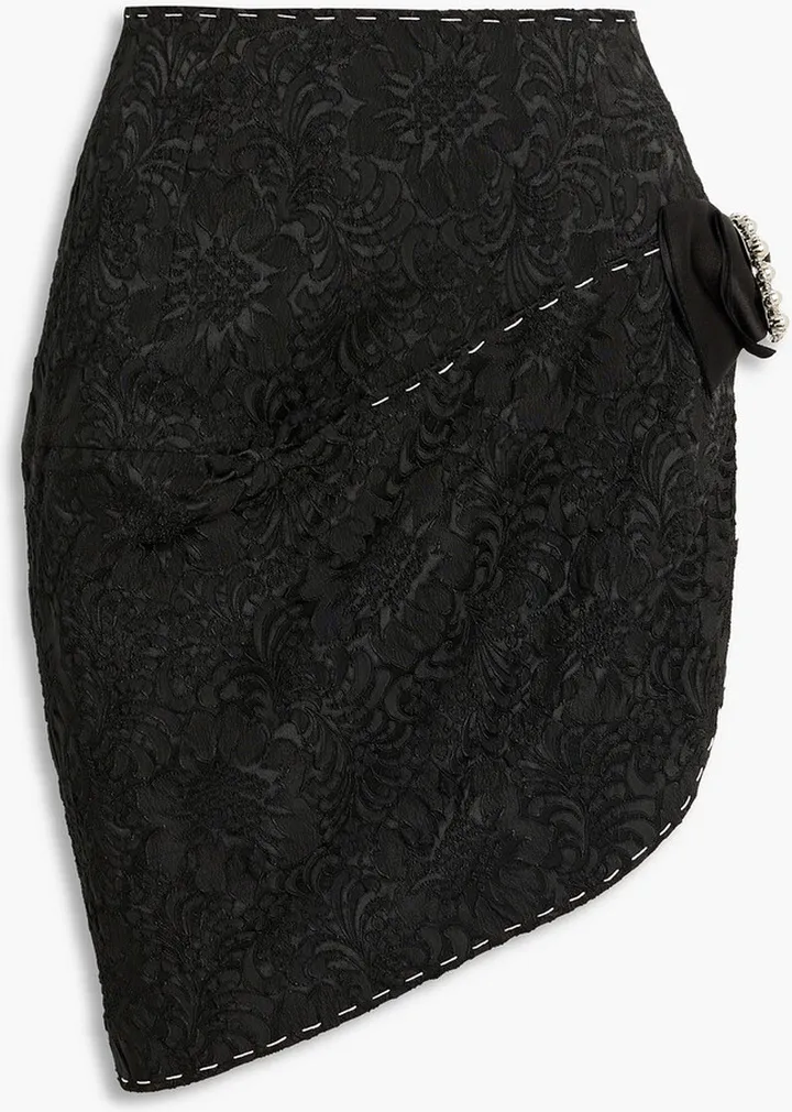 Asymmetric embellished satin-jacquard mini skirt