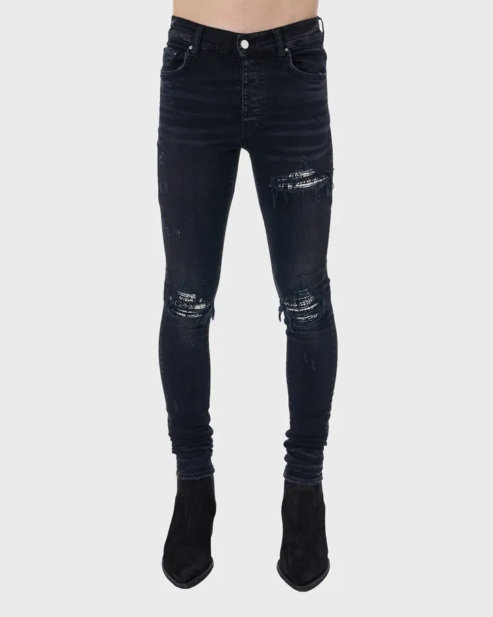 Men's MX1 Boucle-Patch Destroyed Skinny Jeans
