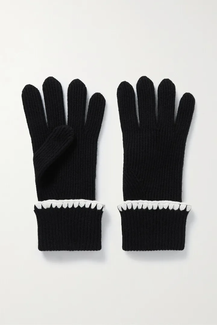 Arch4 - Matterhorn Two-tone Crochet-trimmed Ribbed Cashmere Gloves - Black