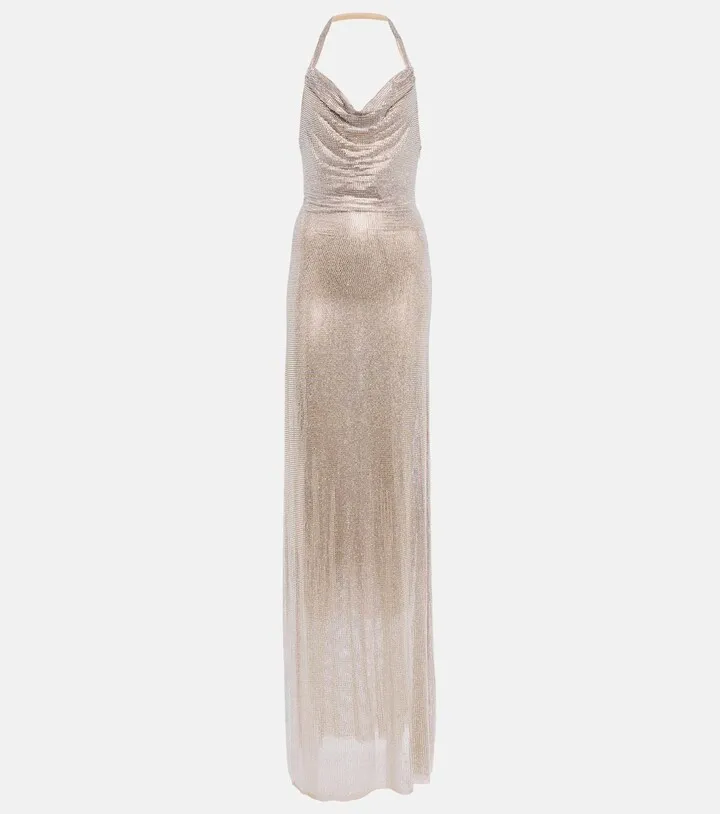 Halterneck embellished mesh gown