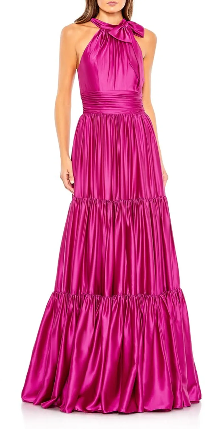Tiered Halter Neck A-Line Satin Gown